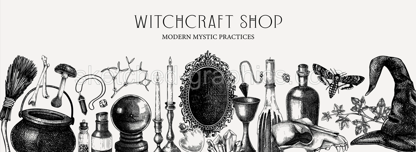 Witchcraft shop banner. Vintage Halloween background. Hand-drawn vector illustration. Witchcraft sketches. Antique apothecary design. NOT AI generated Illustration